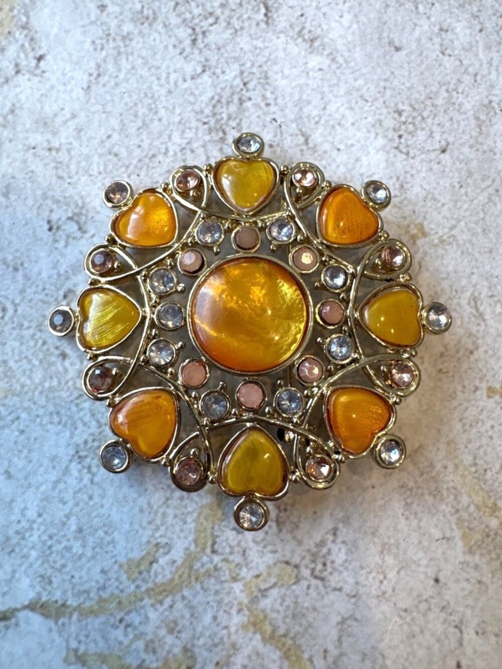 Vibrant Summer Vintage Gold Tone Yellow Orange Brooch Pin